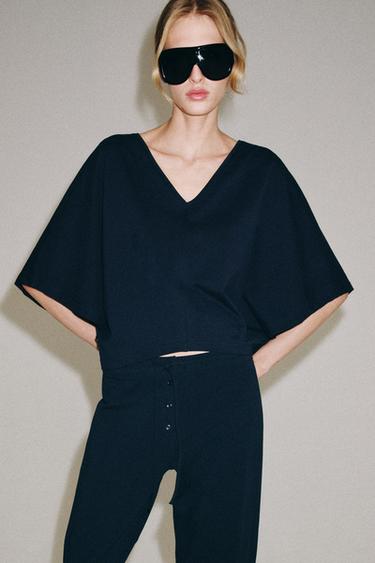 Zara COTTON CAPE T-SHIRT - Navy blue
