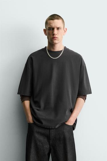 BASIC TEXTURED T-SHIRT - Dark anthracite by Zara
