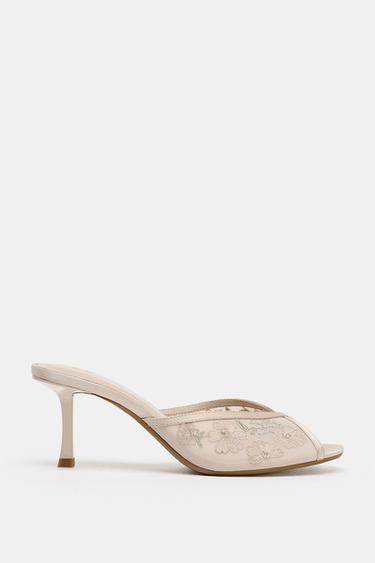 EMBROIDERED MESH MULE HEELS - Pink by Zara