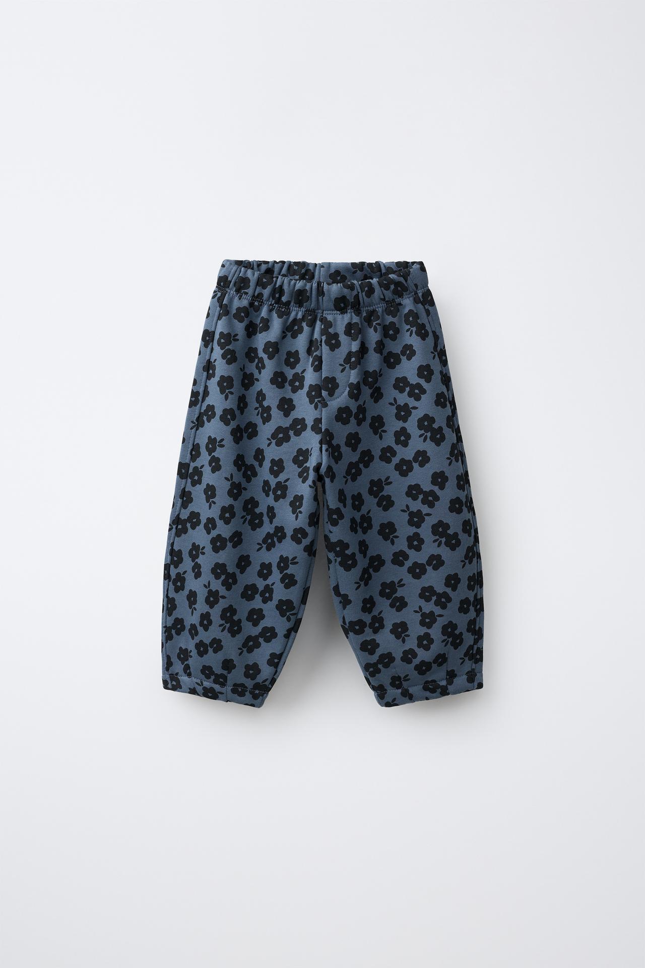 FLORAL BALLOON FLEECE PANTS — Light blue