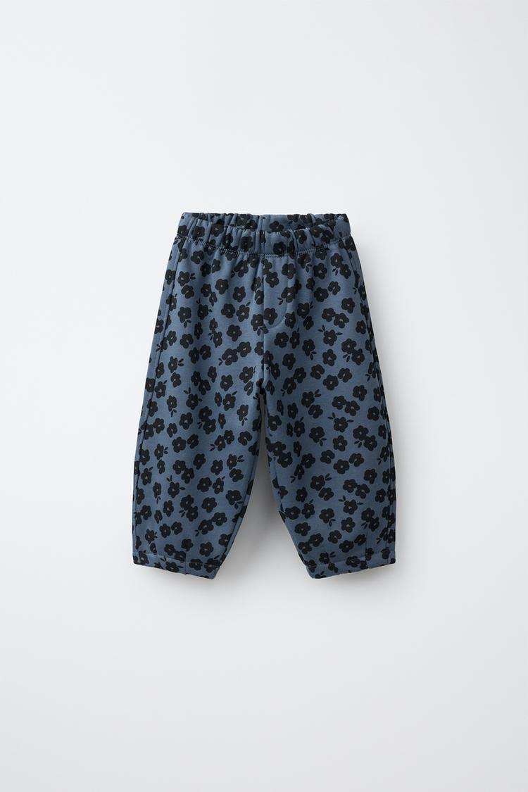 FLORAL BALLOON FLEECE PANTS — Light blue