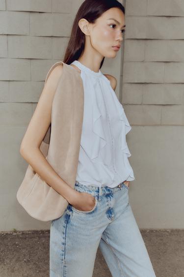 SPLIT SUEDE SHOULDER BAG - Taupe Grey by Zara