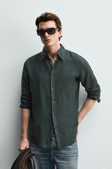 100% LINEN REGULAR FIT SHIRT - Dark green by Zara