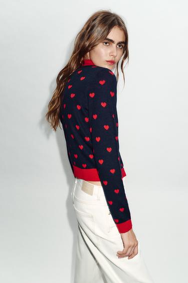 JACQUARD KNIT CARDIGAN WITH HEARTS - Navy blue by Zara - Image 1