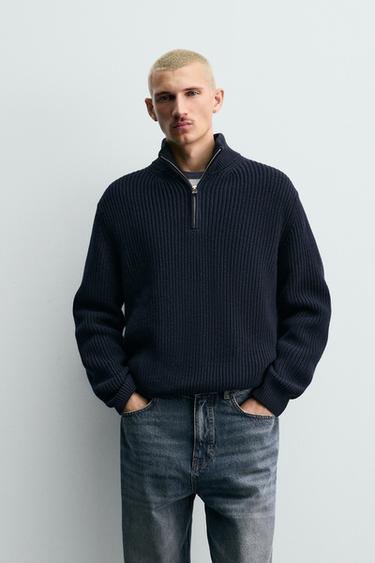 Zara PURL KNIT QUARTER-ZIP SWEATER - Navy blue