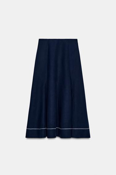 刺繍入りフレアミディスカートダイブルーZaraの刺繍入りフレアミディスカート - ダイブルー 