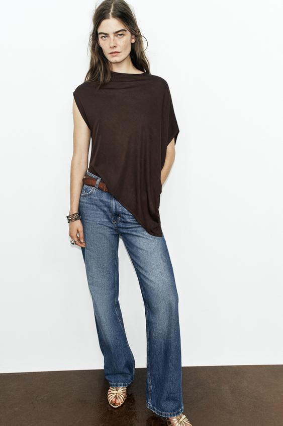 Zara ASYMMETRIC KNIT TOP - Brown - Image 0