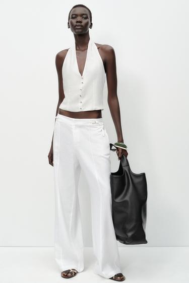 LINEN BLEND WIDE-LEG TROUSERS WITH BUCKLES - White by Zara
