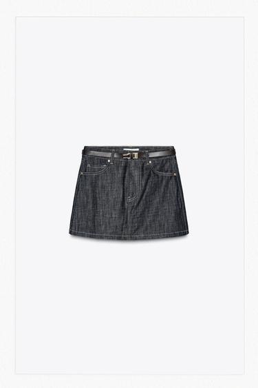 Zara Z1975 BELTED DENIM MINI SKIRT - Blue