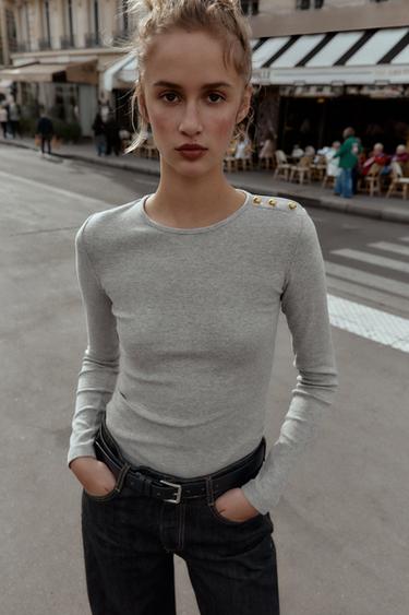 CAMISETA RIB BOTONES - Gris vigoré de Zara