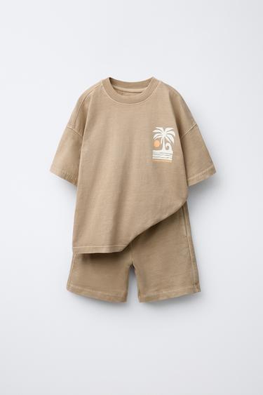 ENSEMBLE TEINT EN PIÈCE T-SHIRT IMPRIMÉ ET BERMUDA - Marron de Zara - Image 0