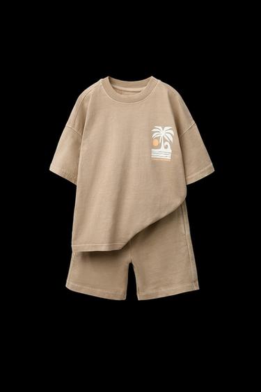 CONJUNTO GARMENT DYE CAMISETA ESTAMPADO Y BERMUDA - Marrón de Zara - Imagen 0