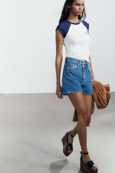 HIGH-WAIST CROSSOVER WAIST TRF MOM FIT DENIM BERMUDA SHORTS - Navy blue by Zara