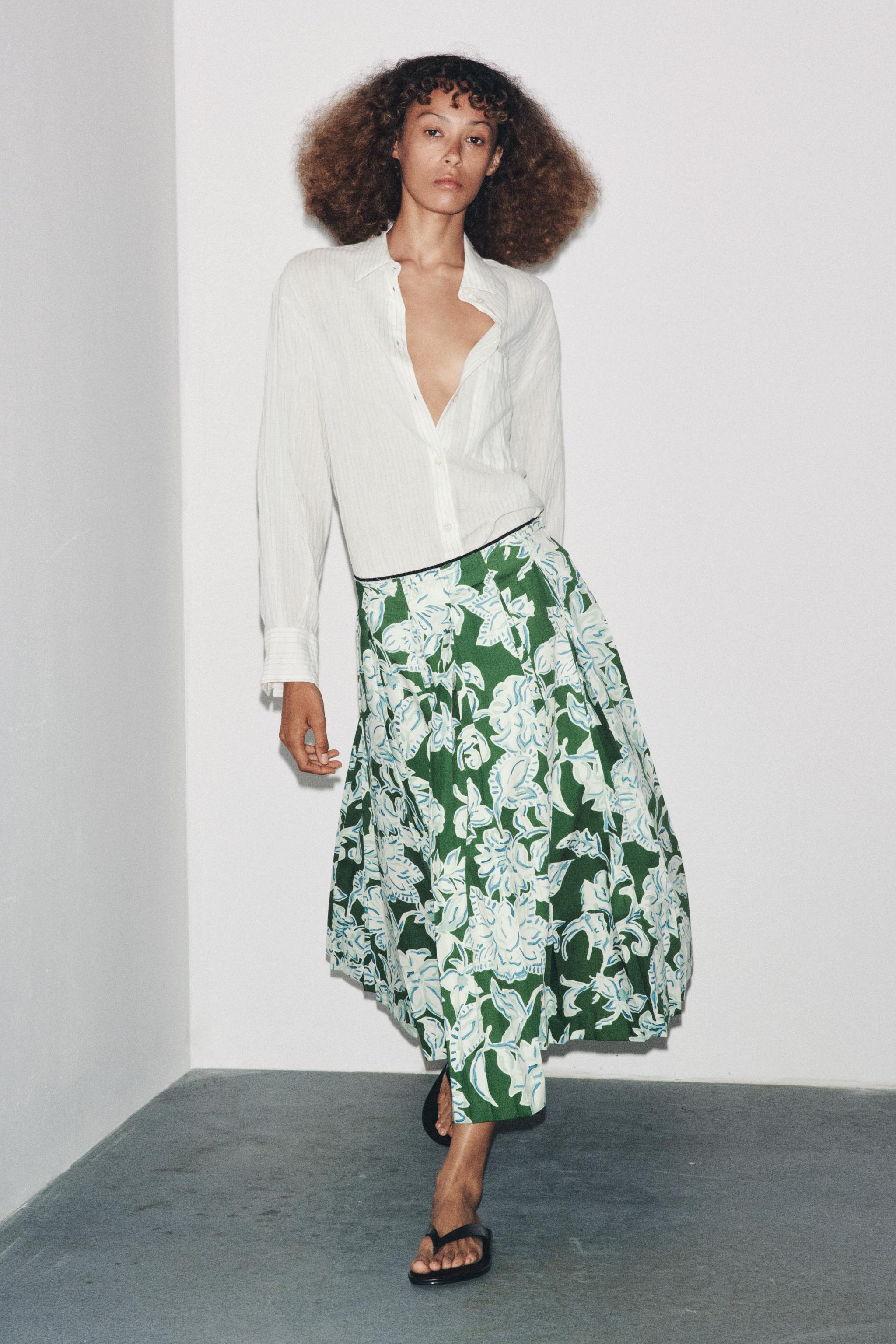 PLEATED FLORAL SKIRT ZW COLLECTION - Green | ZARA United States