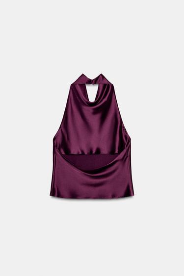 SATIN HALTER TOP - Burgundy by Zara