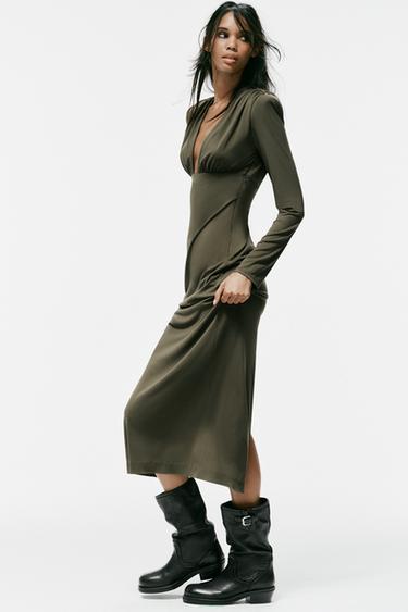 zara dresses for women maternity-tulle Front slit at hem Saint Laurent, Crêpe satin Green Color:Dark Army Green