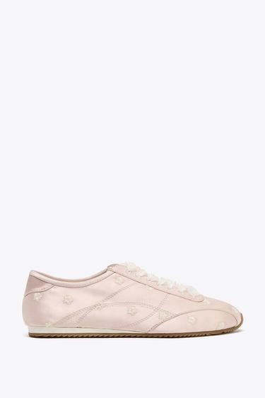 Zara SATIN-EFFECT FLORAL SNEAKERS - Pink