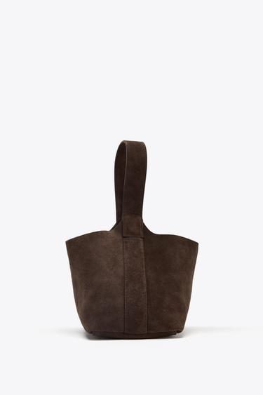 Zara SPLIT LEATHER MINI BUCKET BAG - Taupe Gray