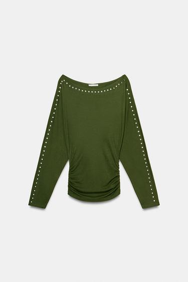 Zara LONG SLEEVE T-SHIRT WITH STUDS - Green marl