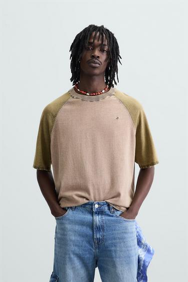 WASHED COLOUR BLOCK KNIT T-SHIRT - Earth by Zara