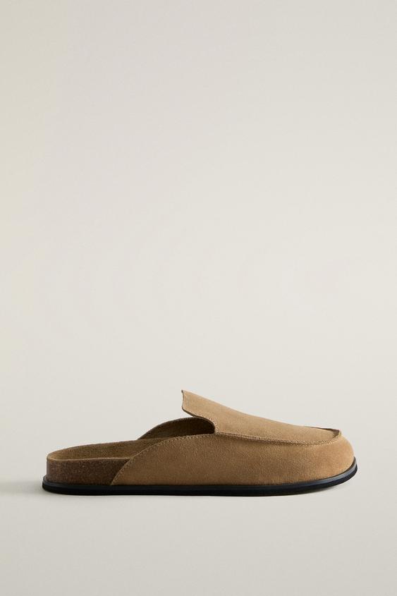 Zara LEATHER MULE CLOG SLIPPERS - Taupe Gray - Image 0