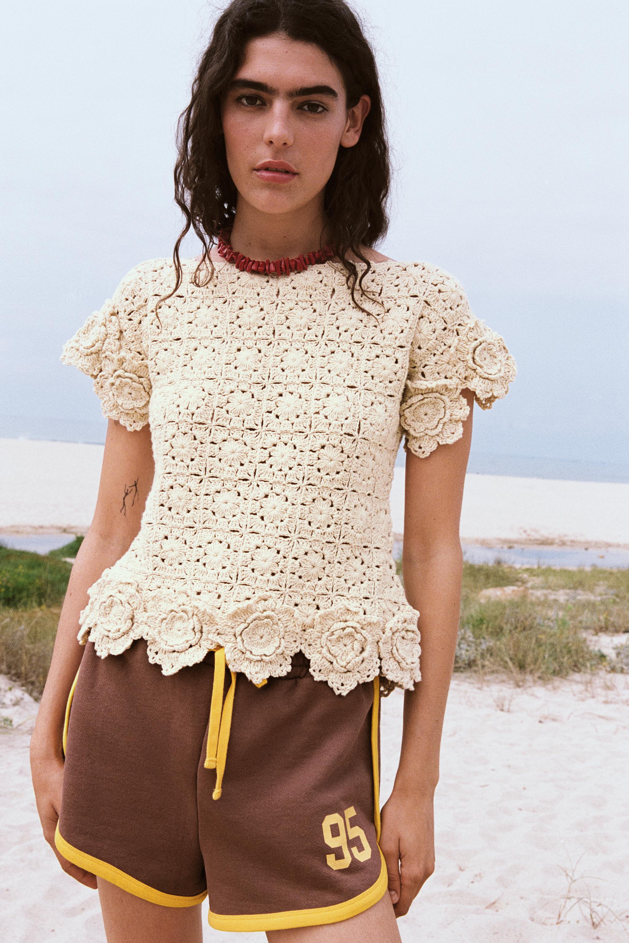 FLORAL CROCHET KNIT TOP Ecru ZARA United Kingdom