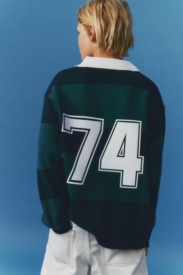 Zara STRIPED VARSITY KNIT POLO SWEATER - Green stripe
