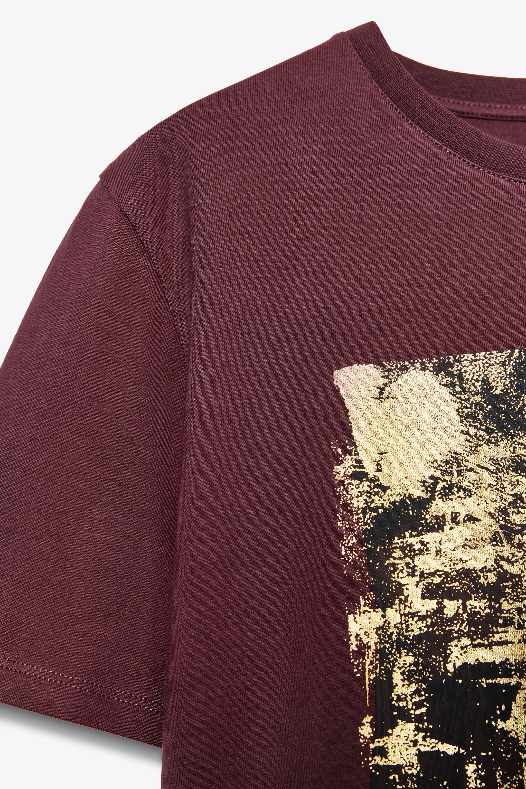T-SHIRT WITH METALLIC PRINT - Burgundy | ZARA New Zealand