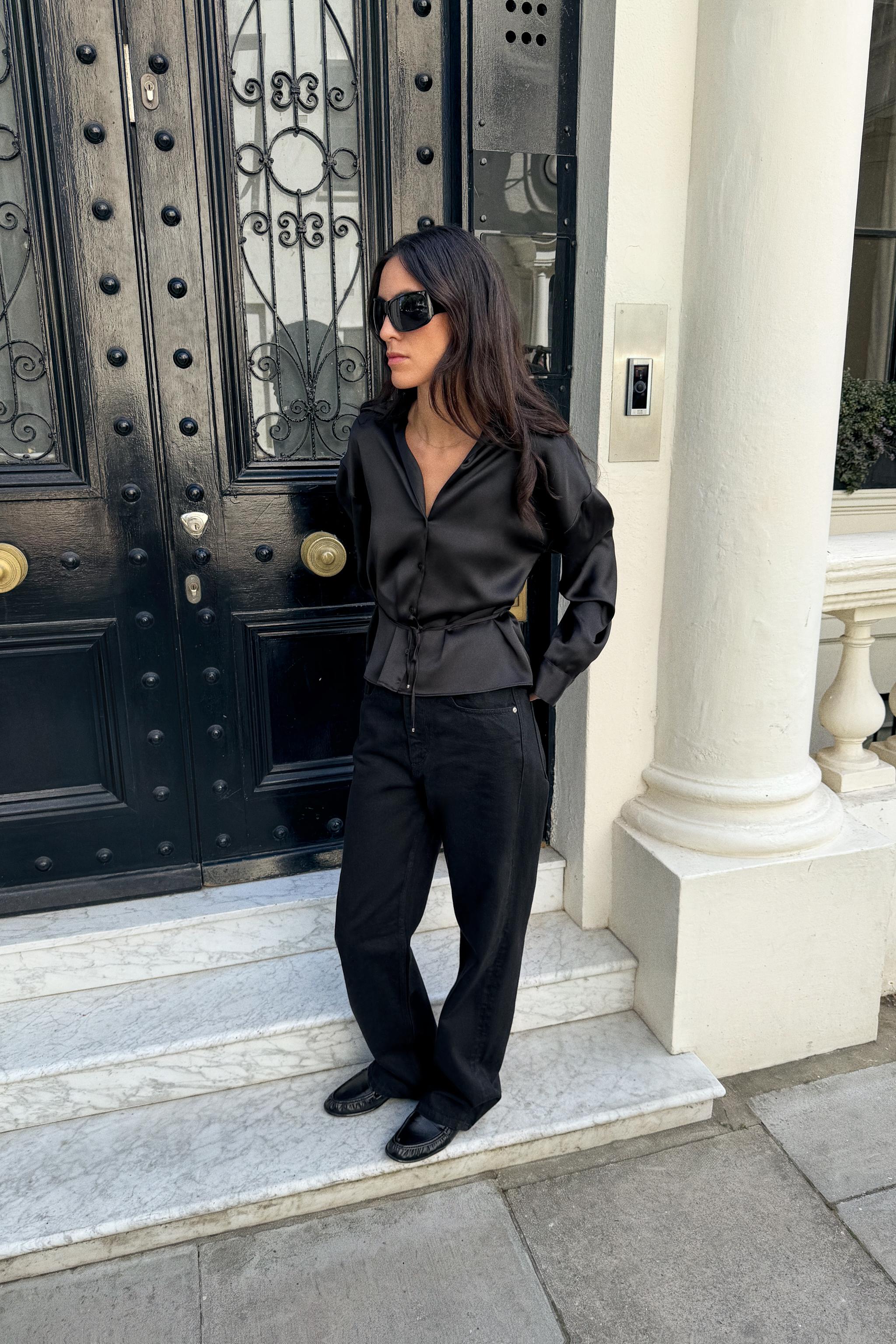 SATIN BELTED SHIRT — Black