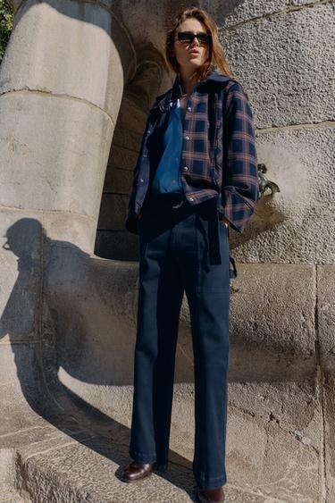 Zara 格紋絎縫連帽夾克 - 紅色/海藍色