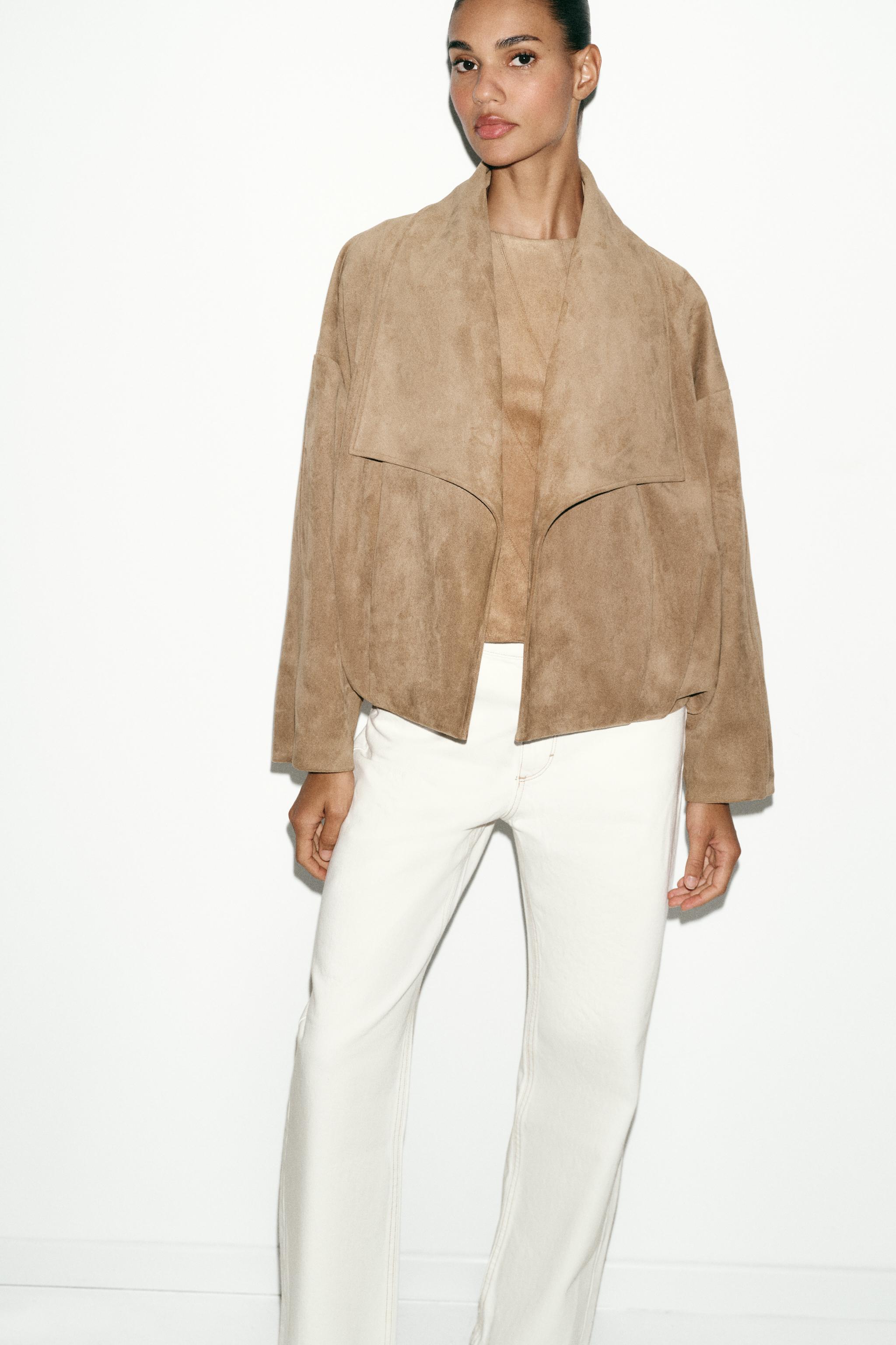 FAUX SUEDE WRAP JACKET — Dark camel