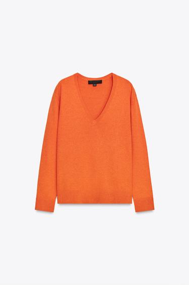 PULL EN MAILLE UNIE COL EN V - Orange de Zara - Image 3