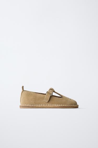 EMBROIDERED LEATHER T-BAR BALLET FLATS - Sand Brown by Zara