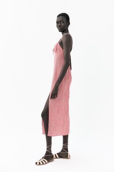 ROBE MI-LONGUE À CARREAUX VICHY - Blanc / Rouge de Zara - Image 3