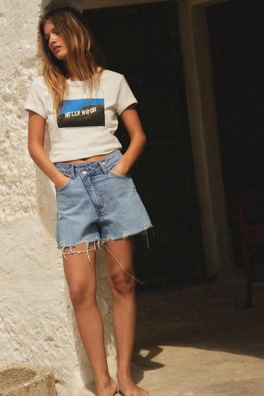 HIGH-WAIST CROSSOVER WAIST TRF MOM FIT DENIM BERMUDA SHORTS - Blue by Zara - Image 0