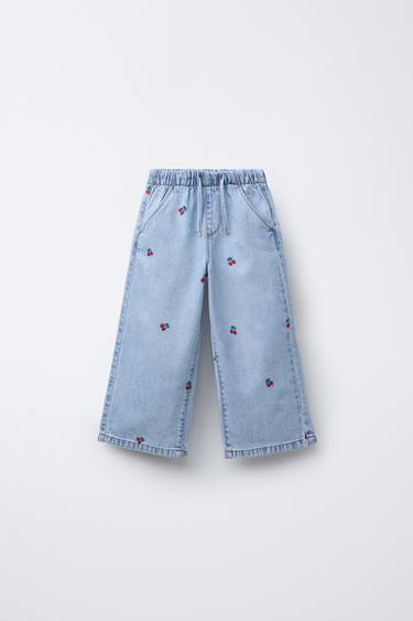 Zara CHERRY EMBROIDERED WIDE LEG JEANS - Light blue