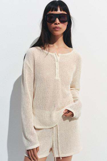 Zara RUSTIC HENLEY SHIRT - Ecru