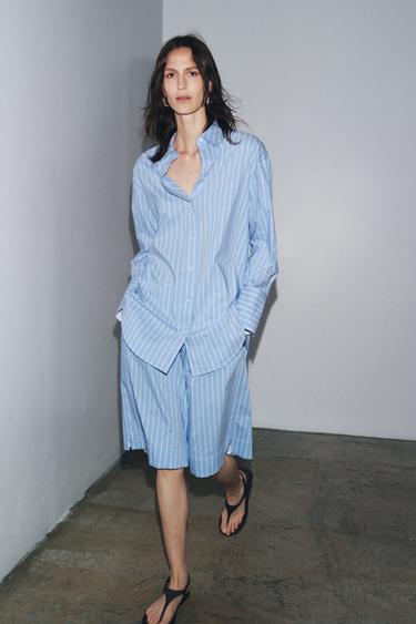 Zara ZW COLLECTION STRIPED OVERSIZED SHIRT - Blue / White - Image 0