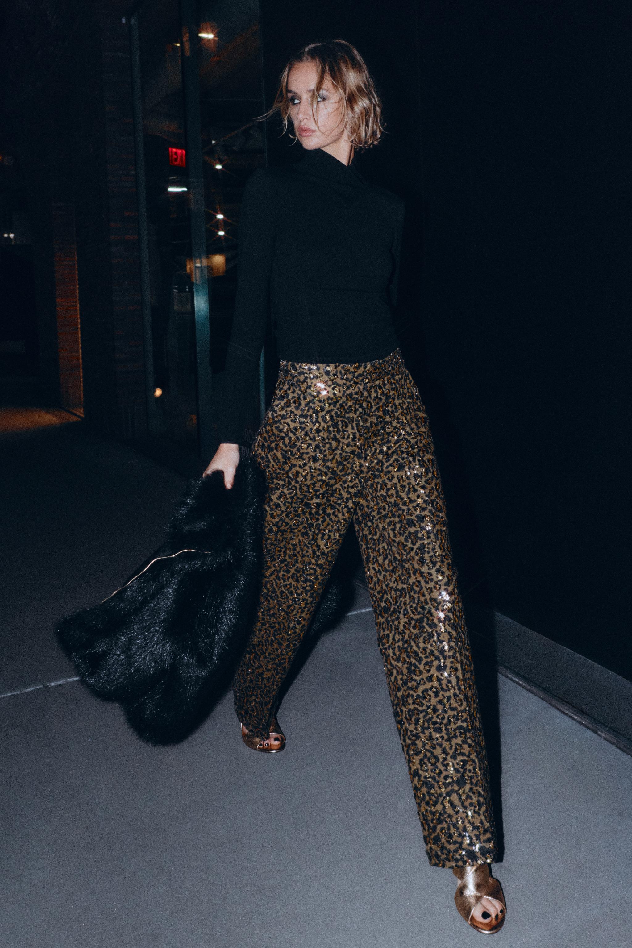 ANIMAL PRINT SEQUIN STRAIGHT LEG PANTS