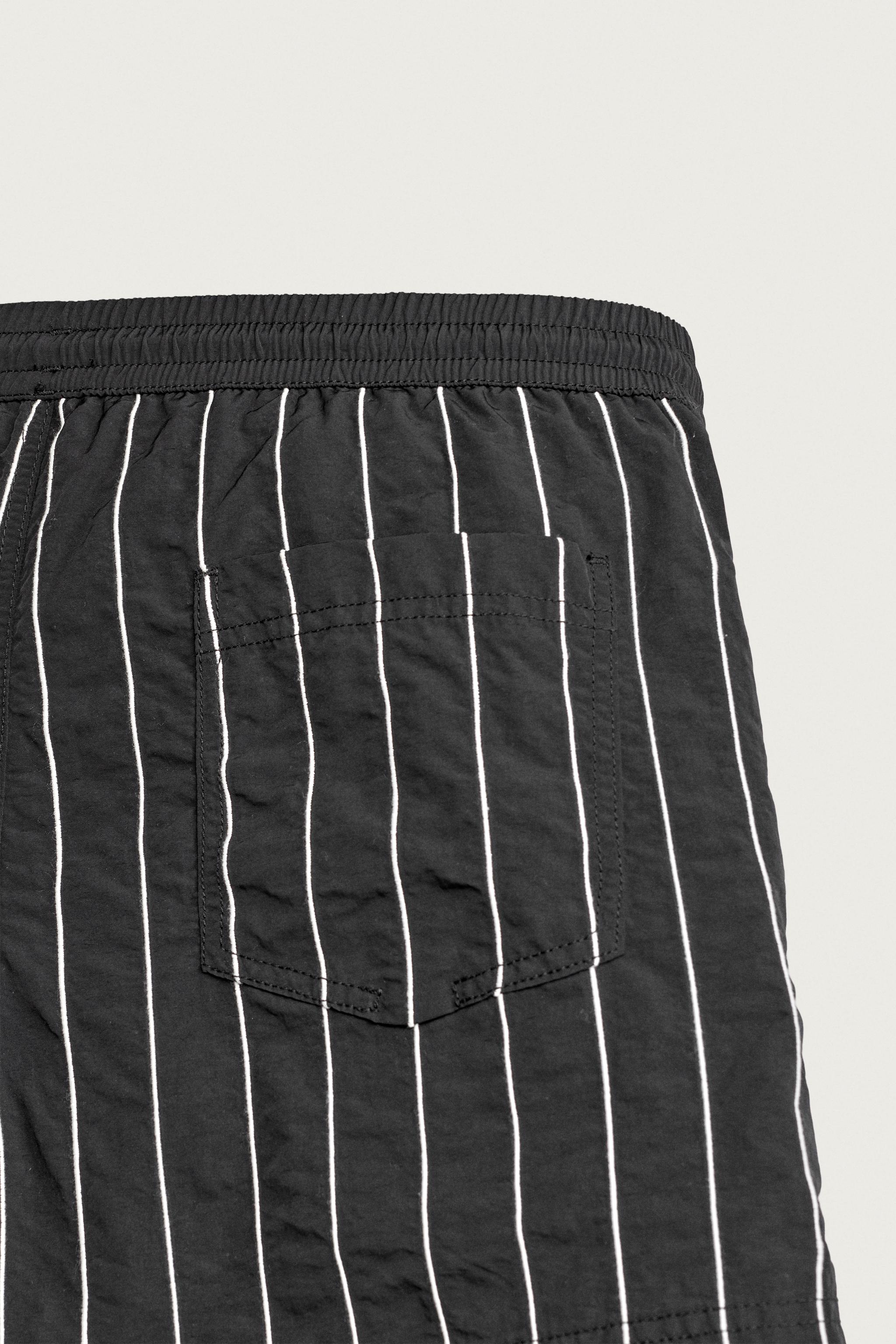EMBROIDERED STRIPE MID-LENGTH SWIM TRUNKS