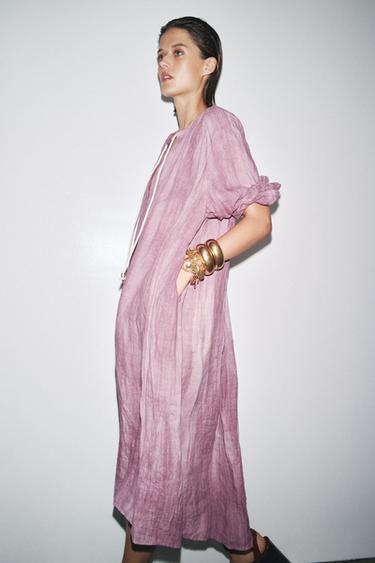 ZW COLLECTION LINEN TIE-DYE TUNIC DRESS - Mauve by Zara - Image 4