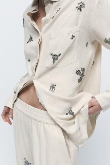 JEWELLED LINEN SHIRT - Oyster-white by Zara - Image 3