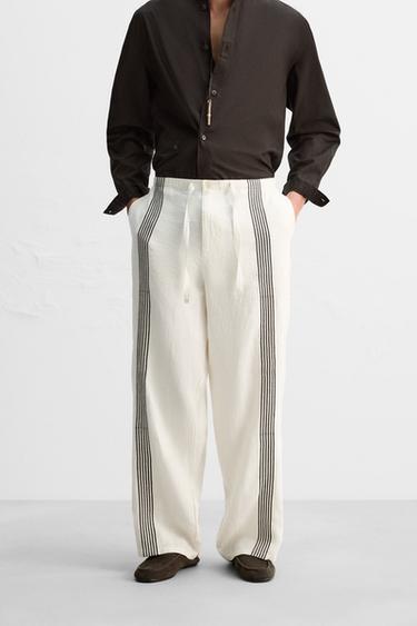 PANTALON 100 % LIN AVEC BANDES - Blanc cassé de Zara