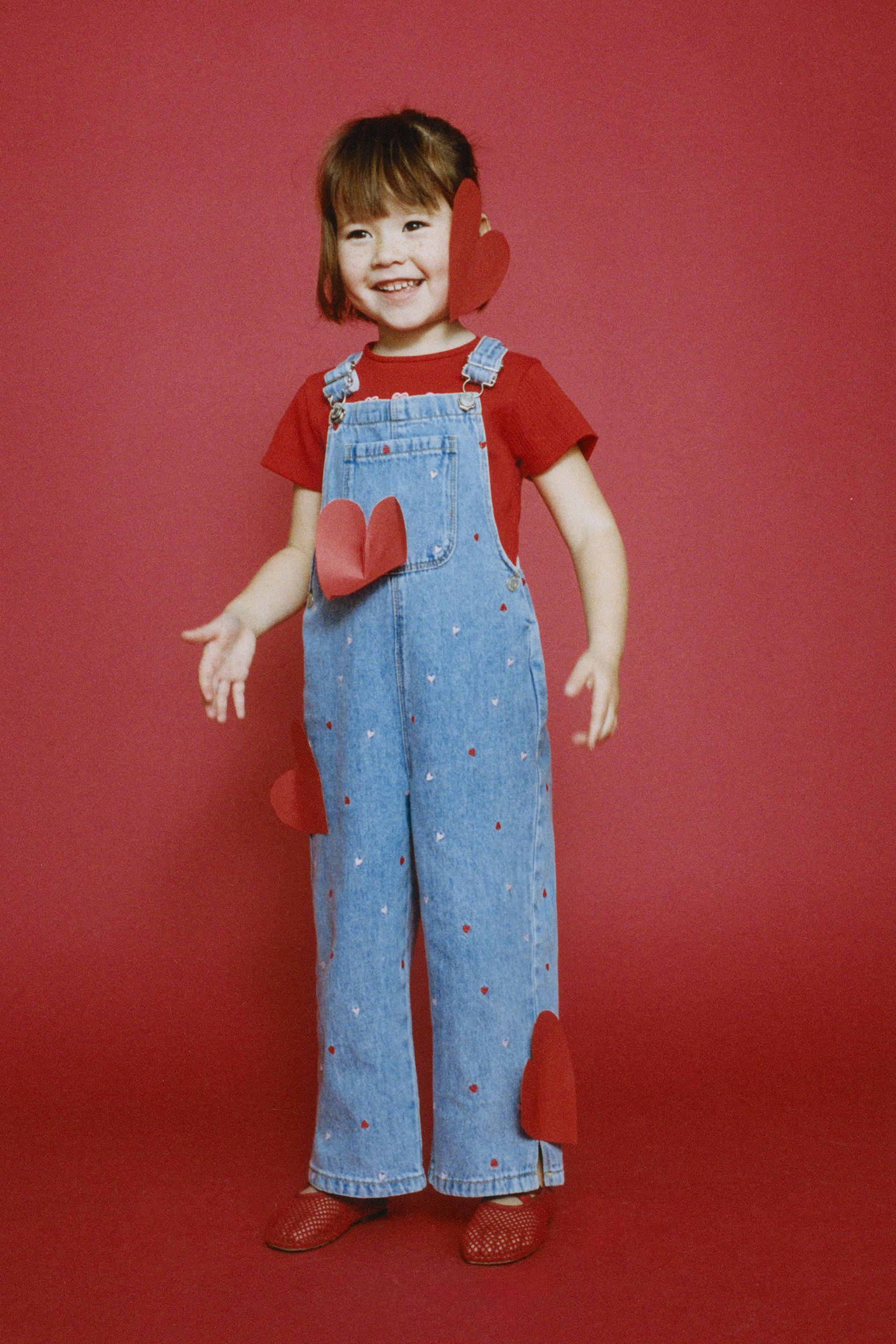 EMBROIDERED HEART DENIM OVERALLS