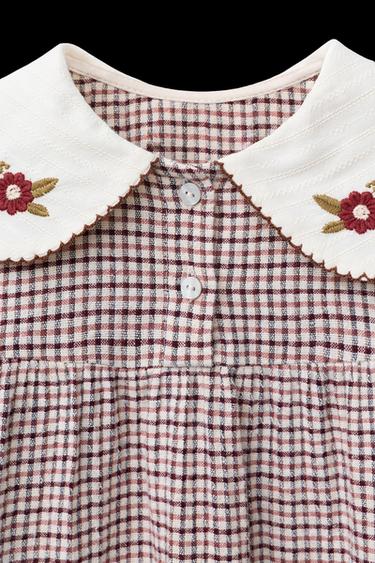 CHECK TEXTURED DRESS WITH EMBROIDERED COLLAR - Dark pink by Zara