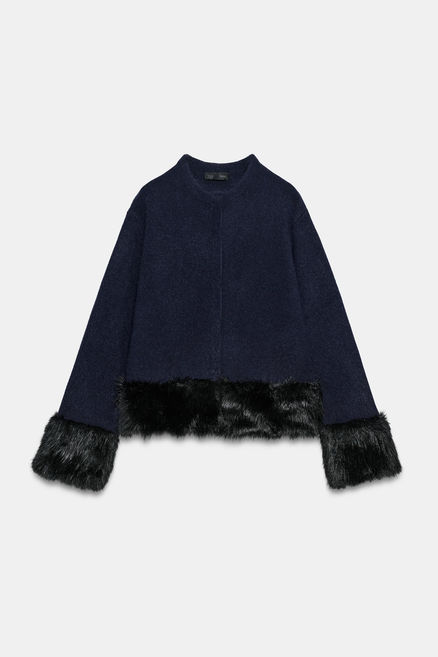 Женская куртка Zara Faux Fur Detail Knit, цвет: Тёмно-синий — фото 6