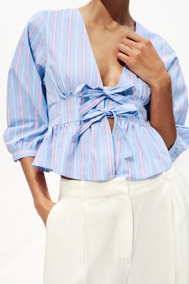 CHEMISE À RAYURES ET LACETS - Bleu / Blanc de Zara - Image 6