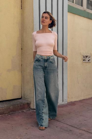 Zara SQUARE NECK SHIRT - Pink