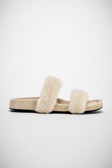FLAT SANDALS WITH SHEEPSKIN EFFECT - Beige by Zara