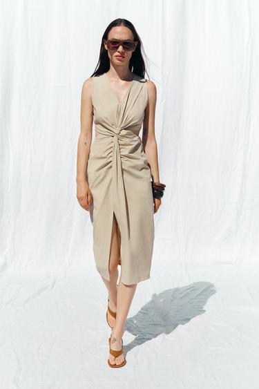 Zara CUT OUT KNOT MIDI DRESS - Beige - Image 0